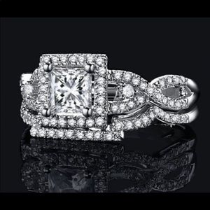 2Pcs Set SS Princess & Round CZ Wedding Rings